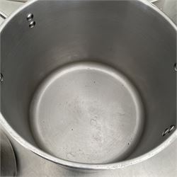 Large aluminium cooking pot with lid (45cm diameter), two stainless steel pots and small stainless steel pot - THIS LOT IS TO BE COLLECTED BY APPOINTMENT FROM DUGGLEBY STORAGE, GREAT HILL, EASTFIELD, SCARBOROUGH, YO11 3TX