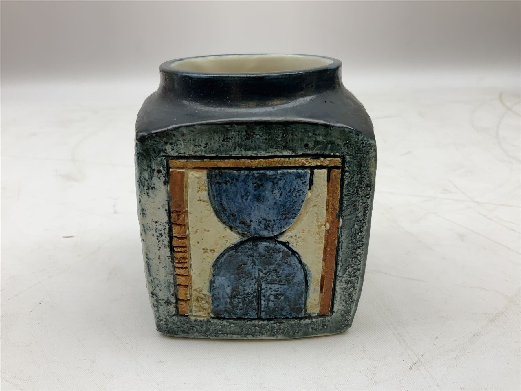 Troika cube vase, designed by Sally Bart, with a geometric design, with painted marks to base, H9.5cm.