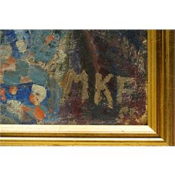 Margaret Kroch Frishman (student of Oskar Kokoshka) (German 1897-1972): 'Jerusalem - Israel - Jordan Border', oil on canvas signed with monogram MKF and dated '55, inscribed on label verso 56cm x 63cm