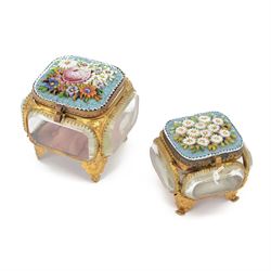 
Two Micro mosaic jewellery caskets with bevelled glass sides, the hinged lid decorated w...