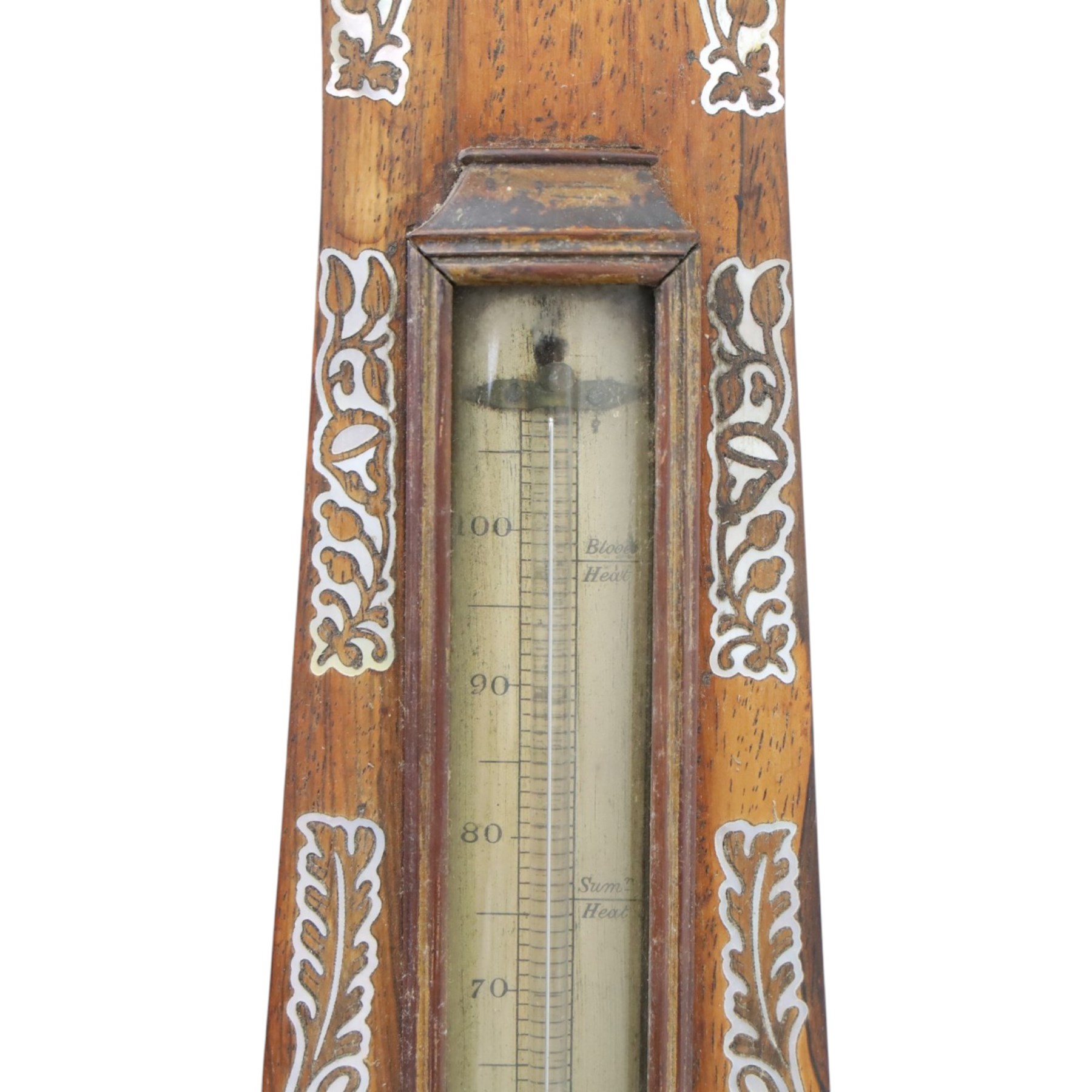 Three wheel barometers, a mother of pearl inlaid mahogany case, swan neck pediment, thermometer and circular dial, H 92cm, the second Sheraton Revival style with floral inlay, swan neck pediment, thermometer and circular dial, H 102cm, the third Sheraton Revival style, H 95cm (3)