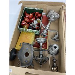 Two silver plated twin branch candelabras and candlestick, together with a coppered effect candlestick, cranberry art glass etc