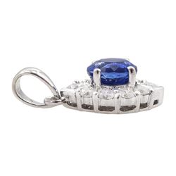 18ct white gold oval Ceylon sapphire and round brilliant cut diamond pendant, hallmarked, sapphire approx 0.60 carat