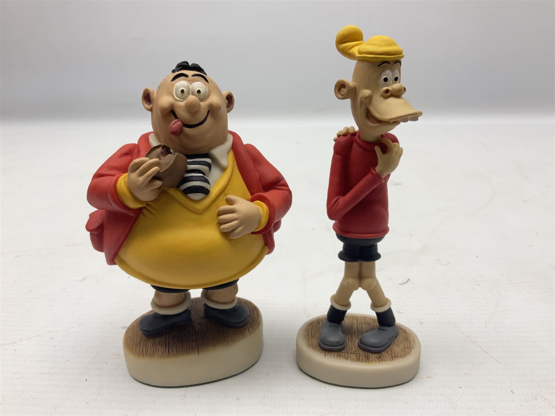 Thirteen Robert Harrop figures from the Beano Dandy collection, comprising Yo-Yo Collectors Piece 1996, Desperate Dan BD03, Cuthbert Cringeworthy BD08, Teach BD06, 'Erbert BD14, Toots BD12, Winston BD17, Fatty BD07, Dennis The Menace BD01, Dennis the Menace Fishing BD806, Sydney BD13, Wilfrid BD15 and Plug BD11