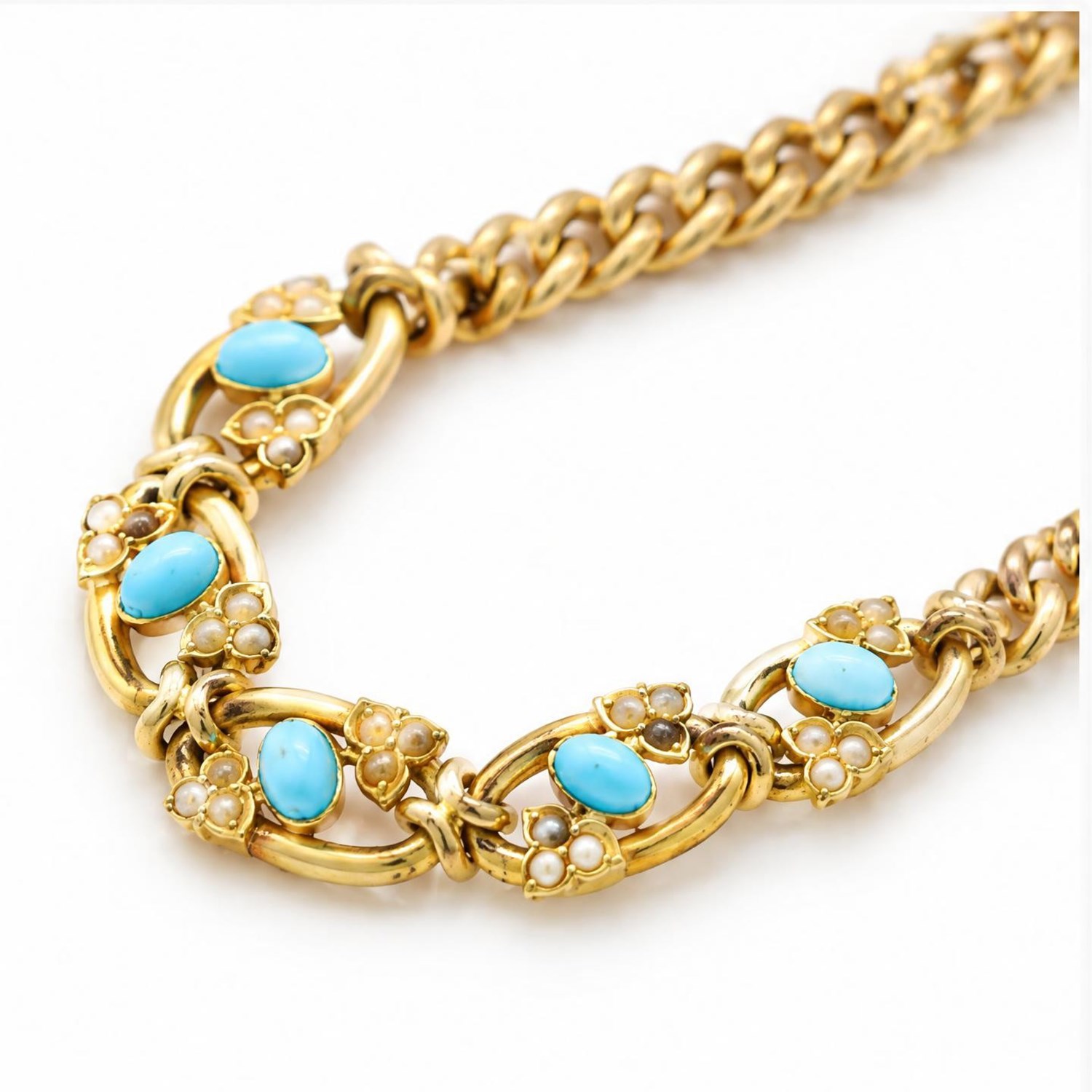 19th / early 20th century gold turquoise and pearl necklace, the the central five oval links set with a cabochon turquoise stone, with split pearl petals, to a curb link chain necklace, stamped 15ct