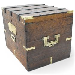 19th century oak and metal bound box, hinged lid enclosing vacant interior, bound with wrought metal straps and fitted with brass corner caps, two heavy weight brass carrying handles 