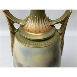 Early 20th century Royal Worcester vase decorated by Harry Davis, of ovoid form with twin acanthus mounted handles and waisted high neck supporting a domed cover, upon a circular foot, the body hand painted with sheep in a highland landscape, signed H Davis, with puce printed marks beneath including shape number 2425, and date code for 1907, H27.5cm