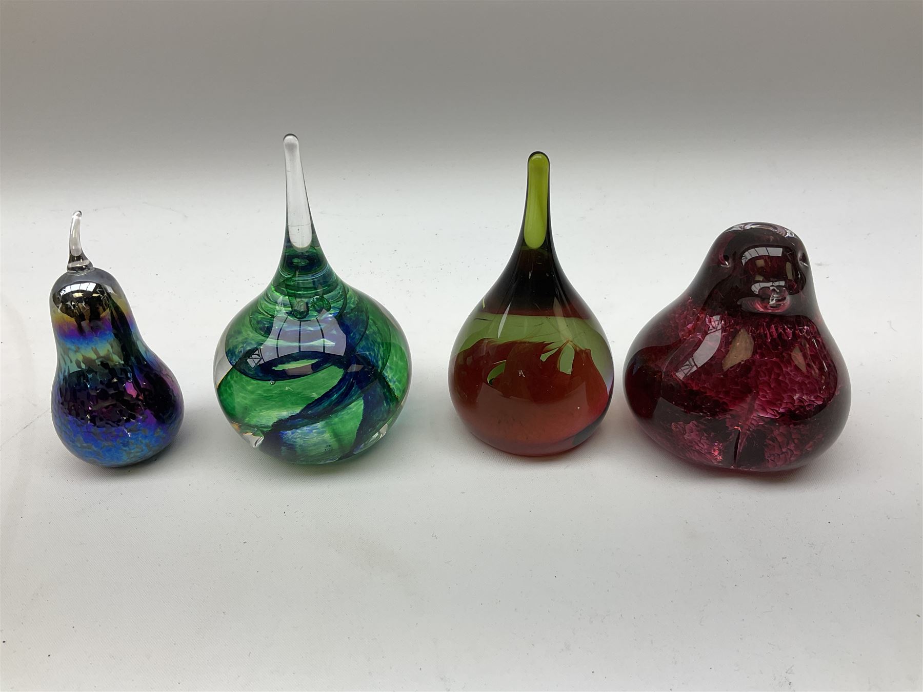 Collection of glass paperweights to include three Wedgwood examples modelled as birds, two Rosenthal faceted examples, a millefiori example, together with art glass examples to include Eirian swirled teardrop and another teardrop shaped paperweight by Caithness