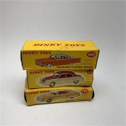 Dinky - Packard Convertible No.132, Packard Clipper Sedan with windows No.180 and Studebaker Land Cruiser No.172, all boxed (3)