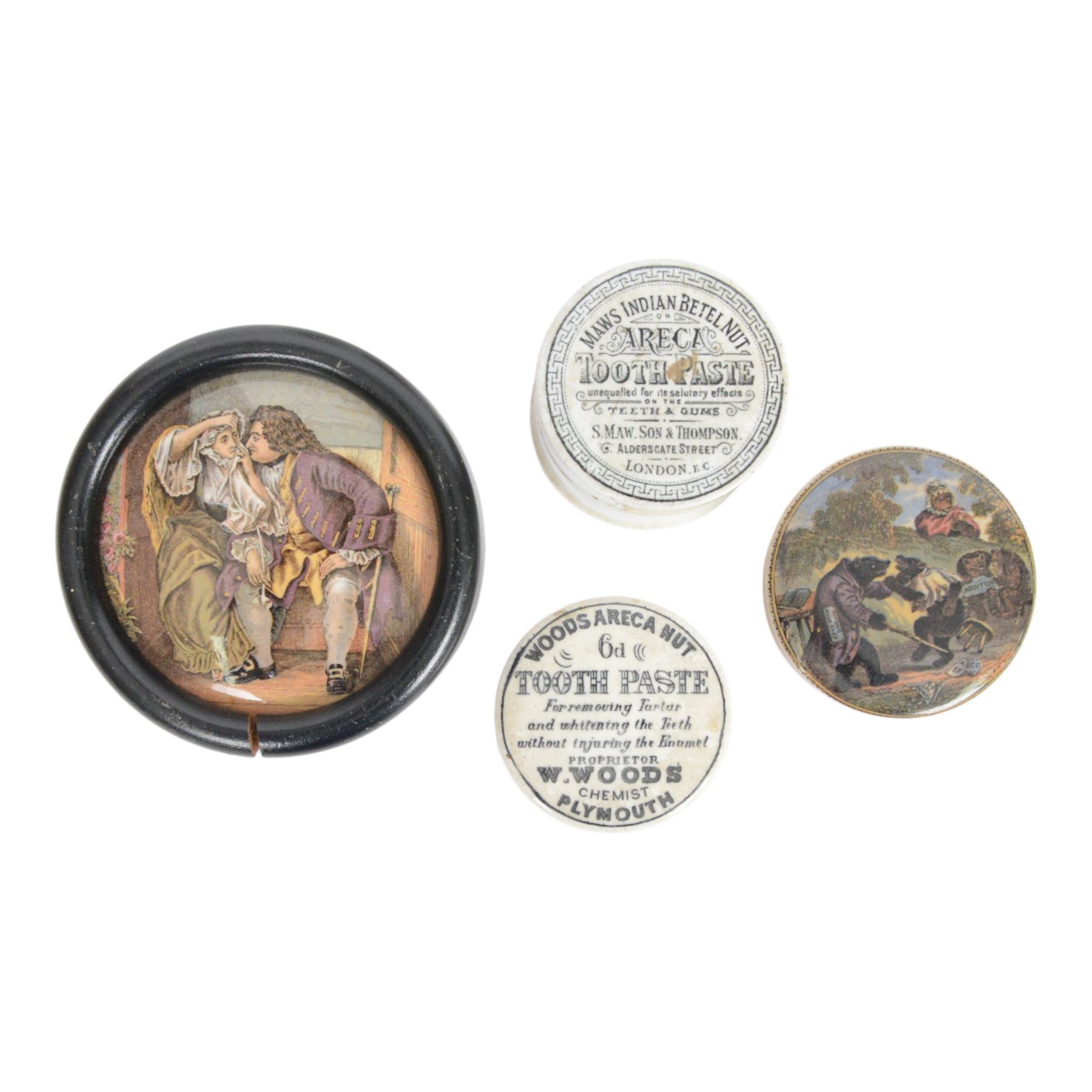  Collection of 19th century and later ointment jars, pots and lids, including Burgess's Anchovy paste, Woods Areca Toothpaste, Boots Cold Cream and framed Prattware pot lids