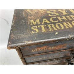 Early 20th Century Dewhurst table top chest, decorated with gilded 'Dewhurst's Sylko Machine Twist Strong Lustrous' lettering above six long drawers with names and numbers of cotton also detailed in gilt, H39cm