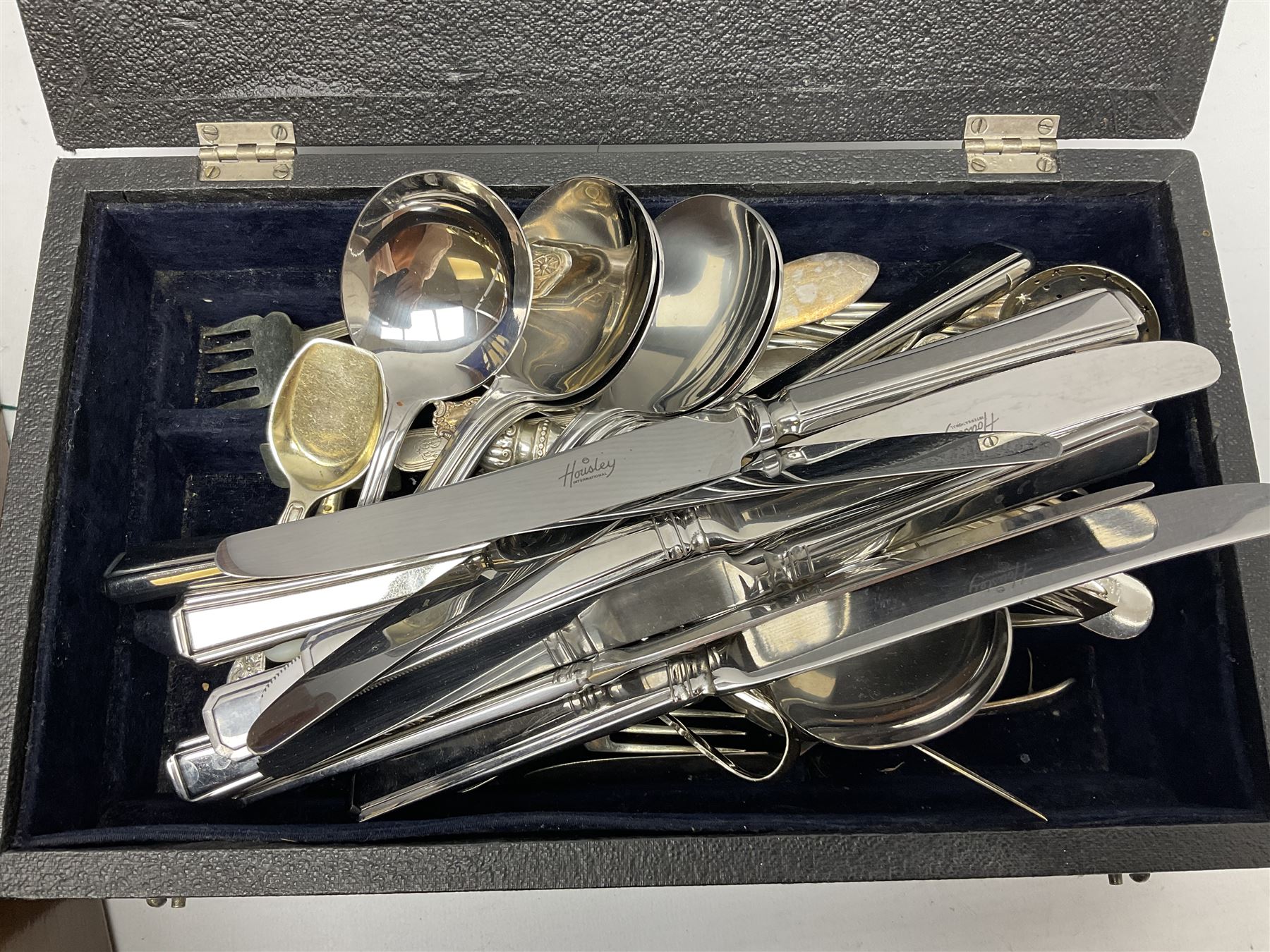 Walker & Hall silver-plate part canteen of cutlery, together with hallmarked silver cutlery comprising pair of Robert Pringle & Sons teaspoons, fork and butter knife, and silver handled knife and fork, cased set of Walker & Hall fish servers with simulated bone handles, and quantity of silver-plate and other cutlery