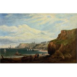 George Chambers Jnr. (British 1829-1878): Whitby from Upgang with Bathing Machines and Figures on the Beach, oil on canvas signed and dated '73, 59cm x 90cm
