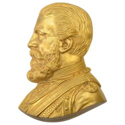 Imperial German oval shaped framed black and white print of Friedrich Kaiser Von Deutschland in military dress, together with gilt wall bust of the kaiser, bust H20cm  
By vendor repute, these items were part of the M. Forman Archive and were exhibited in the Dungeon (Curfew Tower) Windsor castle in the 1980's, the exhibition was opened by Her Majesty Queen Elizabeth II