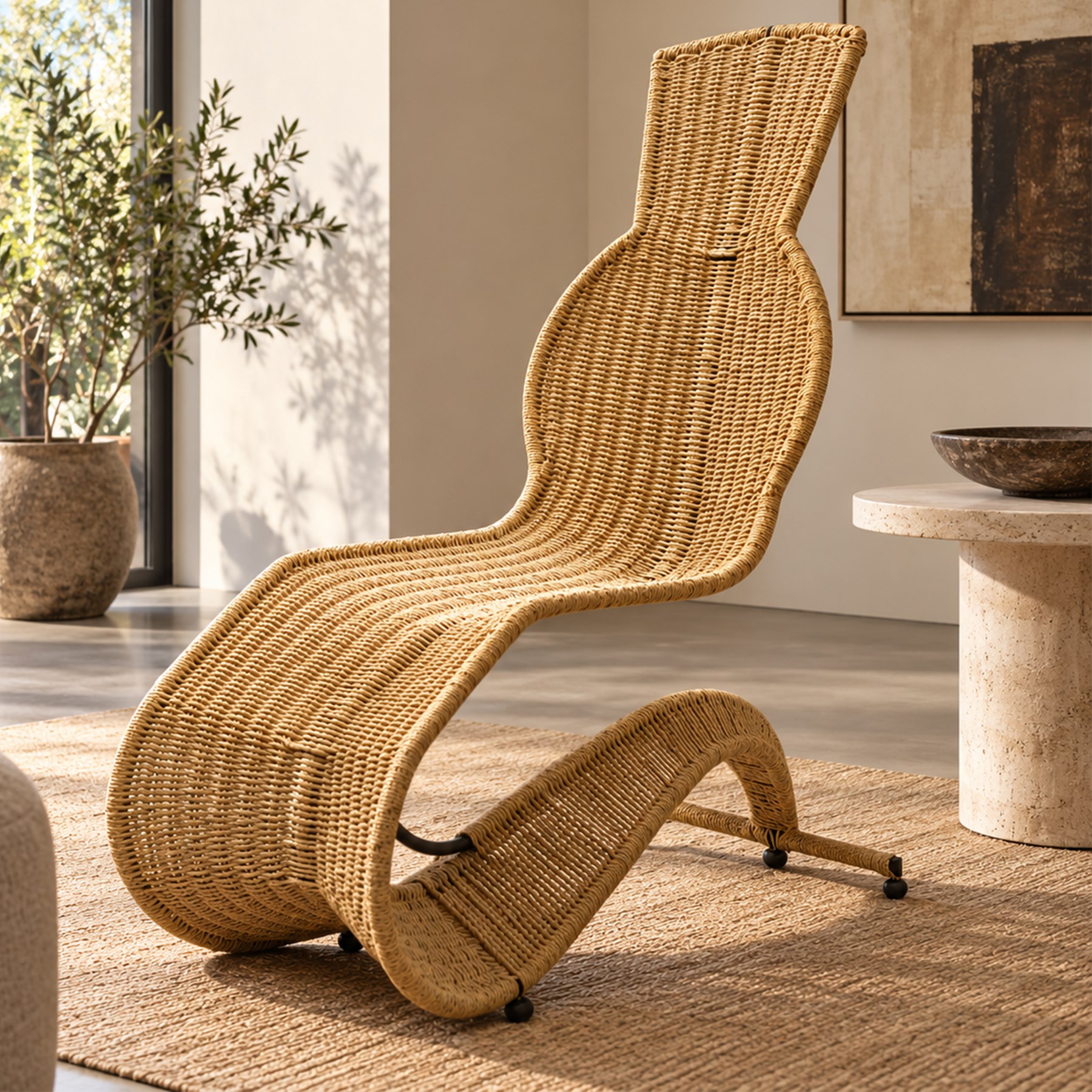 Tom Dixon (1959-) for Space Design - 1990s woven rattan lounge chair, exaggerated S-shaped profile with integrated seat, back and headrest, on concealed tubular metal framework and curved rattan-clad supports