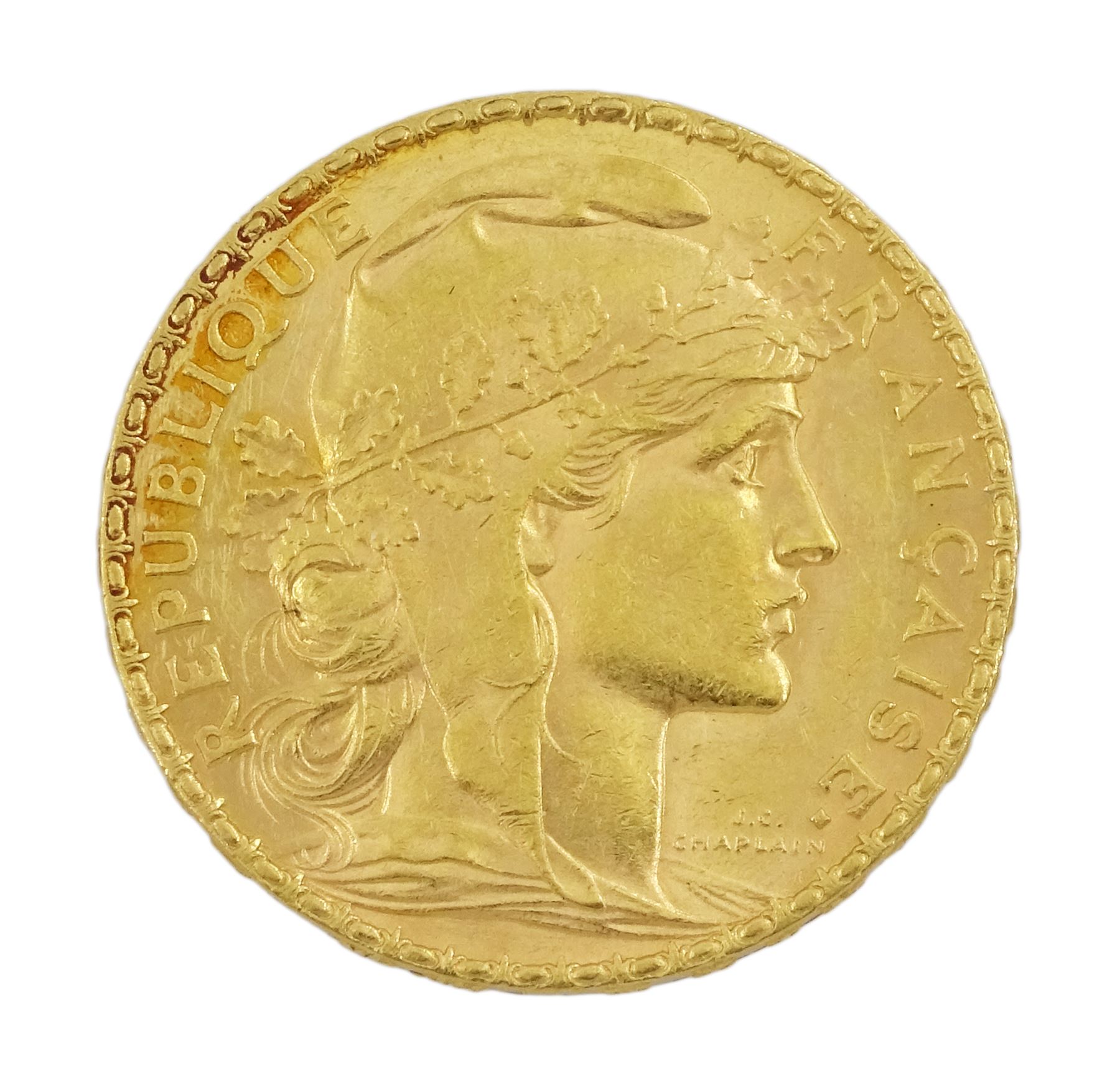 French 1908 gold twenty franc coin