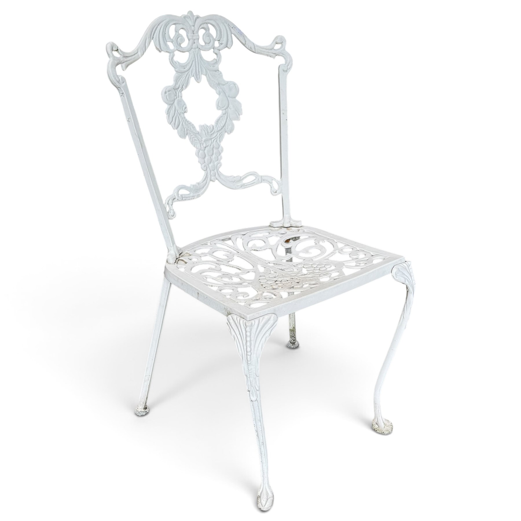 Regency design white-painted aluminium garden table, square pierced top with scrolling acanthus leaf decoration, splayed supports joined by pierced circular under-tier (W75cm H72cm), the chairs with scrolling and floral garland design backs over pierced foliate seats with cabriole supports (W48cm H90)