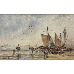 George Weatherill (British 1810-1890): Boats Unloading on Whitby Sands, watercolour signed 10cm x 17cm