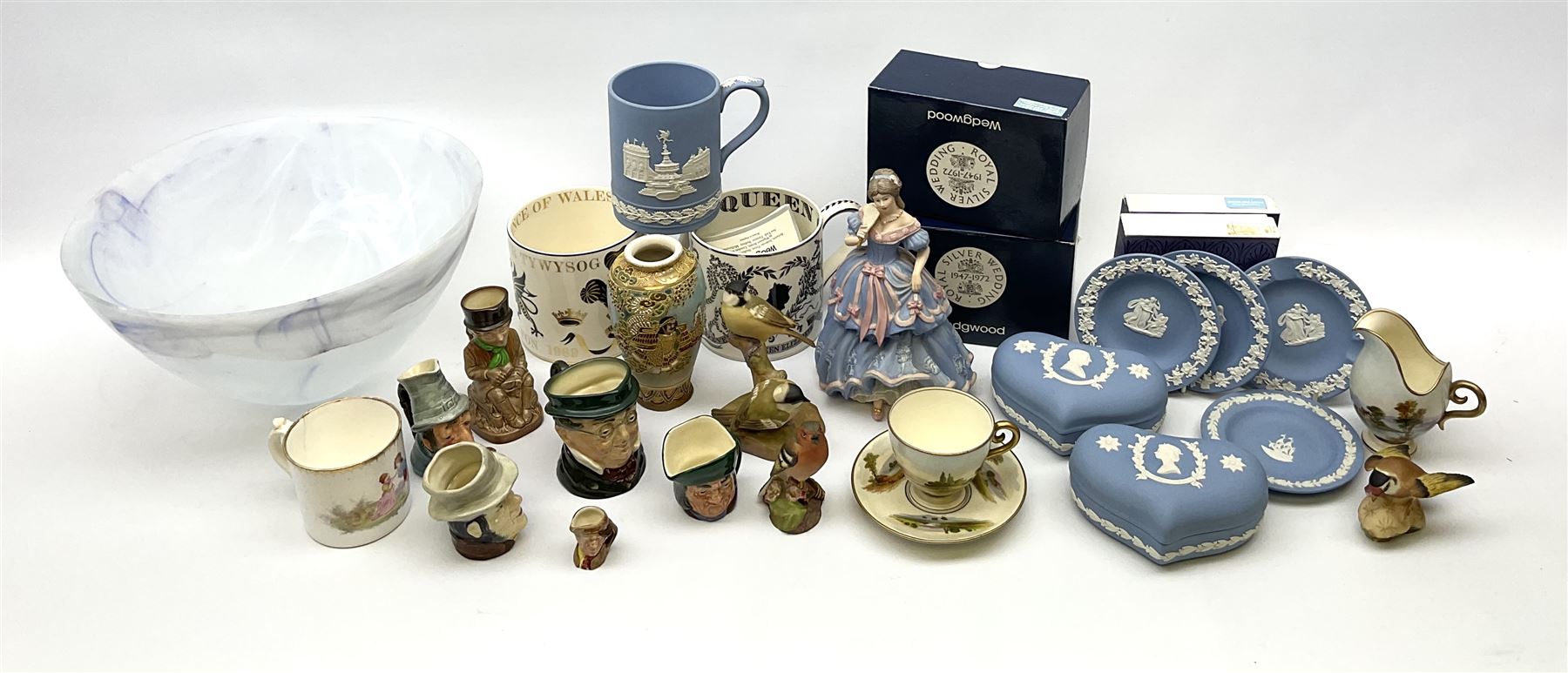 Portmeirion glass bowl,  Wedgwood jasper ware trinket boxes and other items, Wedgwood 'The Imperial Banquet' figure, small Royal Doulton and other character jugs etc, in one box