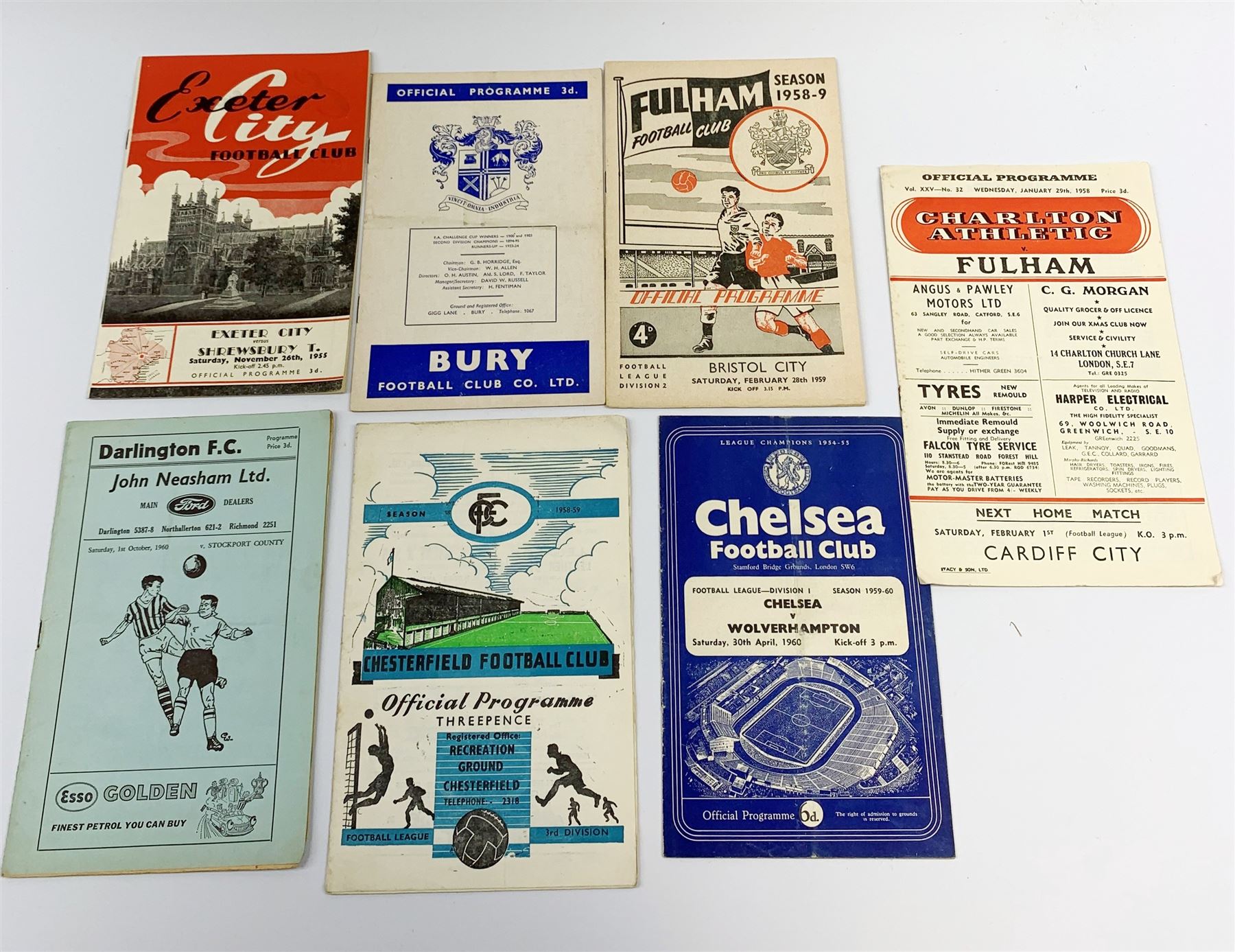 Twenty 1950s and later football programmes including Arsenal, Villa, Barnsley, Brentford, Blackburn, Blackpool, Bolton, Bournemouth, Bradford City, Brighton, Burnley, Bury, Charlton, Chelsea, Chesterfield, Crystal Palace, Darlington, Exeter, Fulham and Halifax