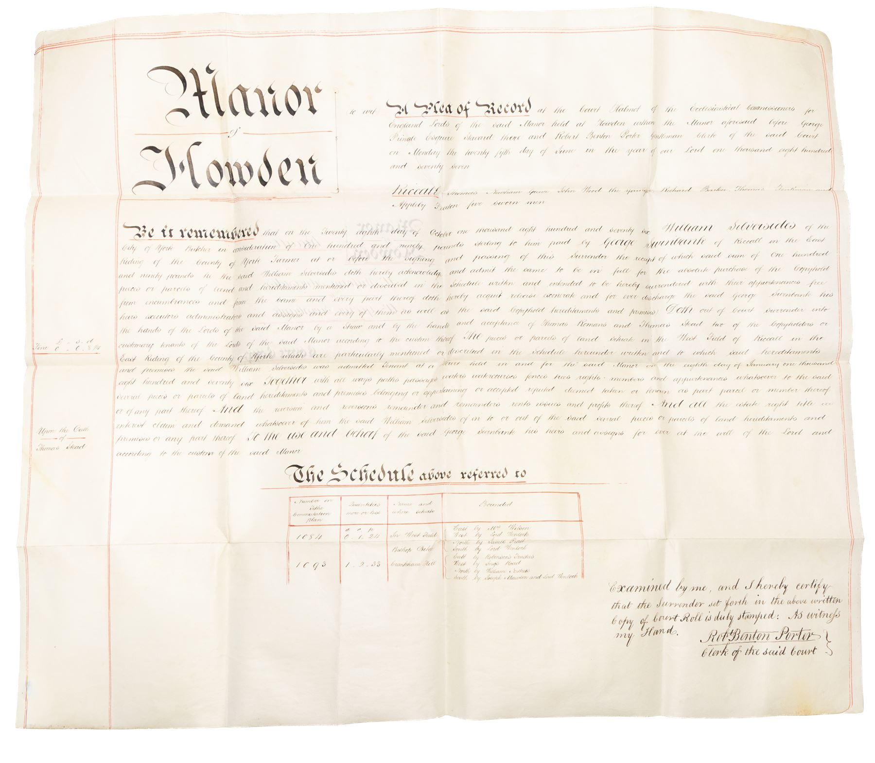 Yorkshire manorial interest - collection of 18th and 19th century vellum and paper court copyhold, admittance, surrender and lease documents relating to the Manor of Dunnington and Dunnington Hall, the Manor of Riccall with Newbald and Cawthorpe, and the Manor of North Duffield with the Members, together with similar documents for Warthorpe Hall, Allerthorpe Hall, Murton and surrounding areas, many retaining original seals, in one box