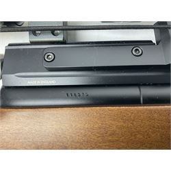 Air Arms Model S410F Classic .177 multi-shot compressed air rifle with bolt action, underside pressure gauge, chequered pistol grip, moderator and Hawke Sport HD 3-9x50 scope L112cm; in Anglo Arms camouflage sleeve with spares, tool kit, magazine and instruction manual