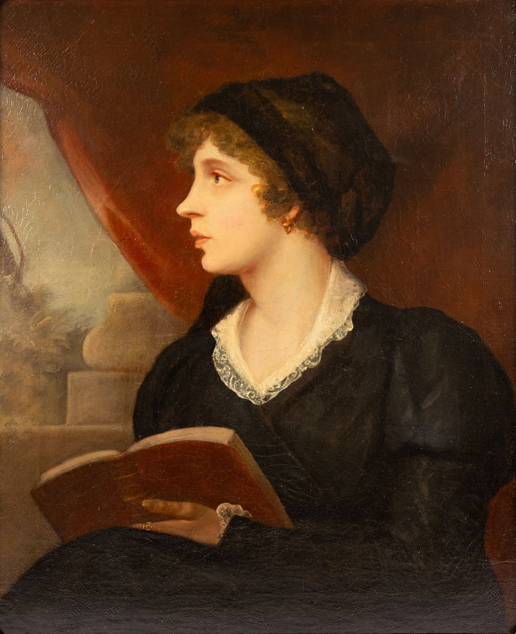 English School (Early 19th century): Portrait of a Girl in a Black Veil Reading a Book, oil on canvas unsigned 75cm x 62cm 