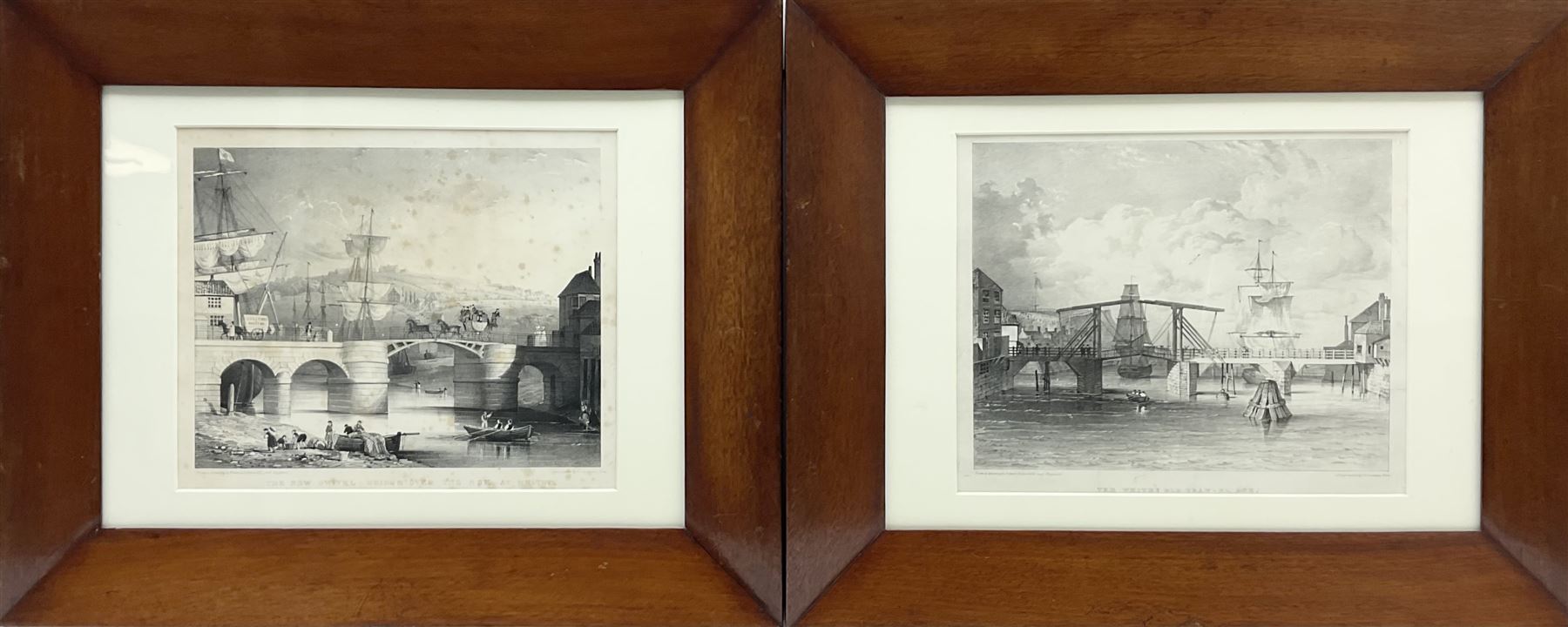 F H Abraham (British 19th century) after Francis Pickernell (British early 19th century): 'The New Swivel Bridge over the Esk at Whitby' and 'The Whitby Old Draw-Bridge', pair engravings pub. c1835, 23cm x 27cm (2)
