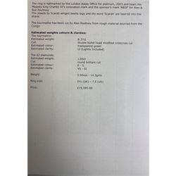 Platinum African Paraiba tourmaline and diamond ring by Scarab London, single fancy double bullet cut tourmaline of approx 8.37 carat, with round brilliant cut diamond surround and diamond set shoulders, London 2023, total diamond weight approx 1.05 carat, with Alan Poultney Gems report