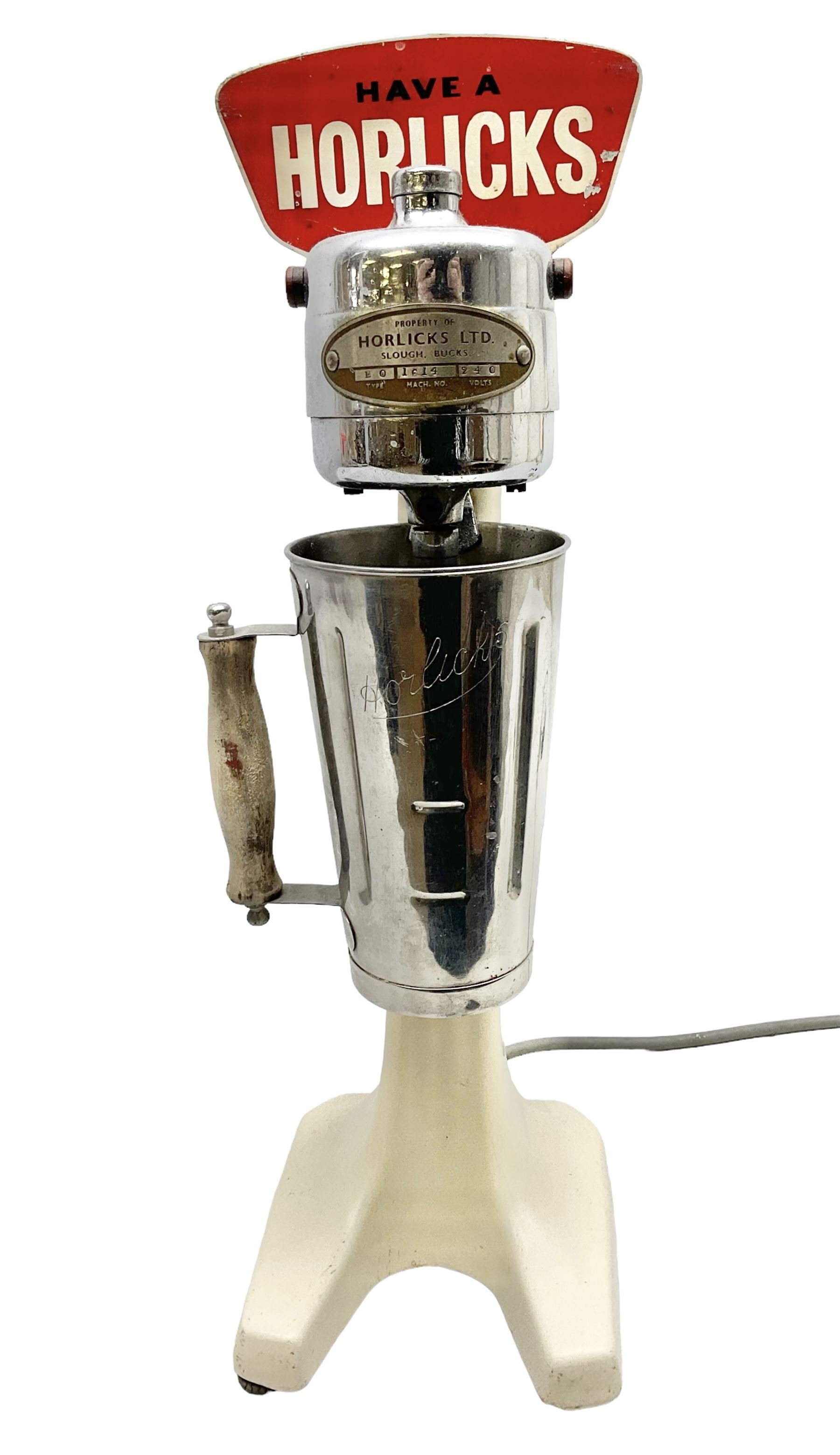 1950s Horlicks advertising shop counter electric mixer, with chrome fittings and stainless steel cup engraved Horlicks with wood handle, H50cm