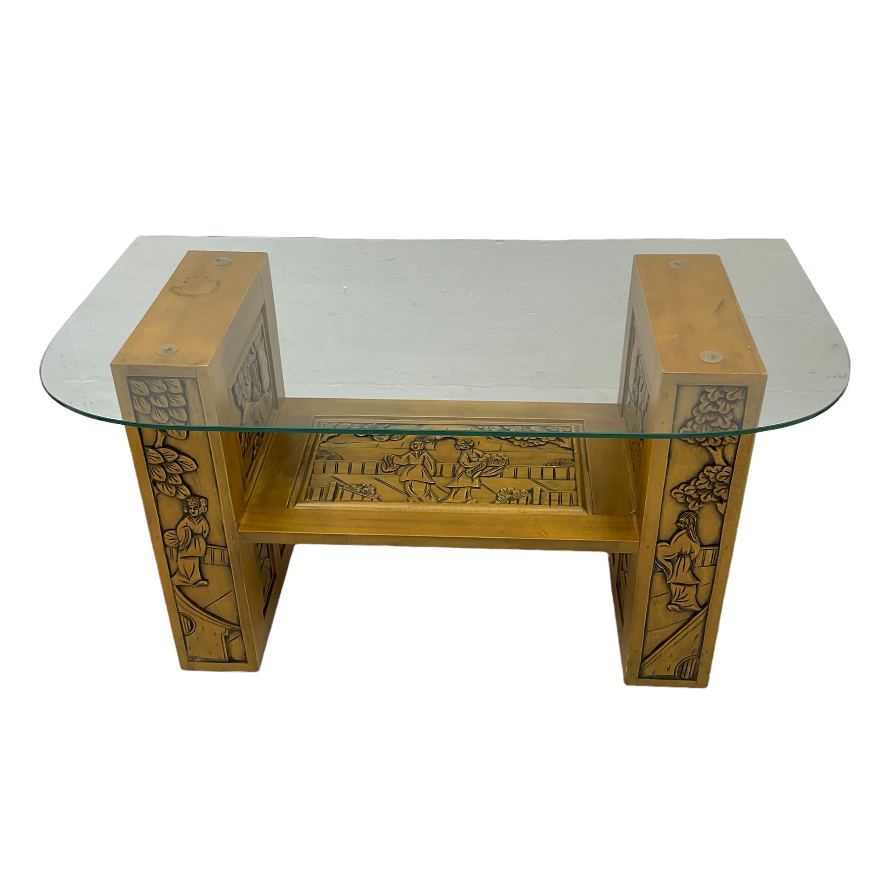 Chinese style tall Hi-Fi unit with four glass shelves, and matching glass topped coffee table