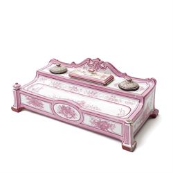 19th Century French enamelled porcelain inkstand, by Gien, in shades of pink and white, with twin inkwells and pen tray, printed marks to base W31cm D16cm