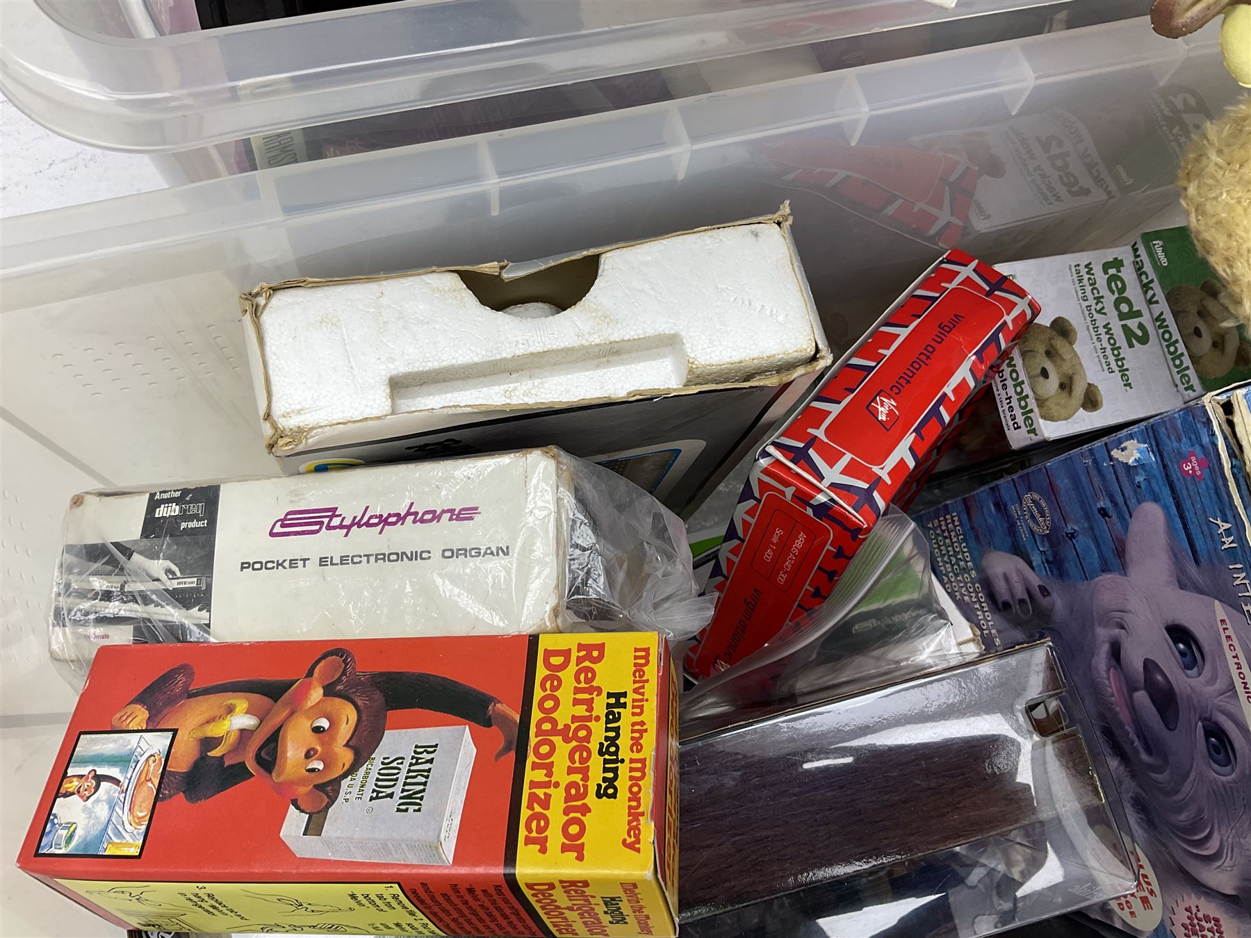 Two Barbie Pink Label Twilight figures in boxes, Ted wacky wobblers in boxes, Minion Dave in box, Toy Story Woody doll etc in two boxes