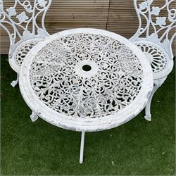 Victorian design - white painted cast aluminium garden table and two chairs - THIS LOT IS TO BE COLLECTED BY APPOINTMENT FROM DUGGLEBY STORAGE, GREAT HILL, EASTFIELD, SCARBOROUGH, YO11 3TX