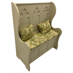 Painted settle hall bench, Gothic arch back hinged box seat, with cushions