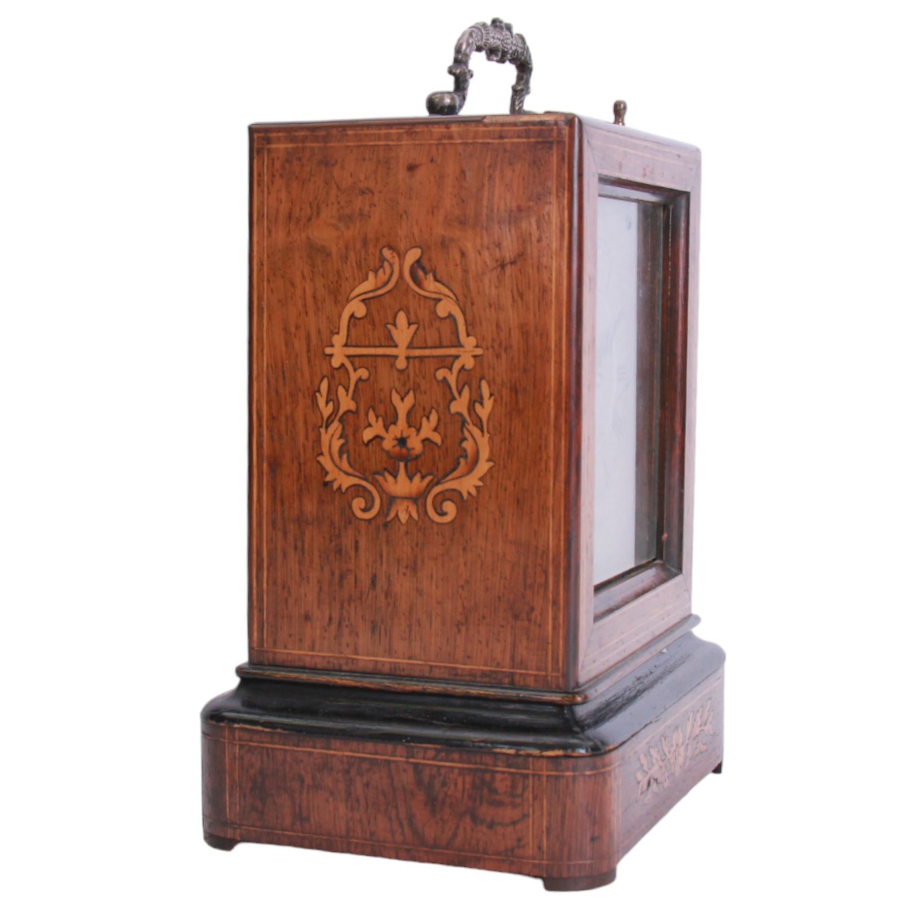 Henry Marc of Paris -  mid 19th century 8-day Pendule d'officier campaign clock in a rosewood veneered case with contrasting floral and leaf inlay and ebonised moulding, rectangular case with a brass carrying handle and sliding glass panel to the silvered sheet dial, chapter ring with Roman numerals, minute track and steel trefoil hands, with a single train timepiece movement and silk suspension. With pendulum and key. 