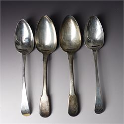 Pair of George III silver fiddle pattern table spoons engraved with initials London 1805 M...