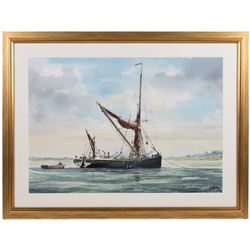 Jack Rigg (British 1927-2023): Thames Sailing Barge 'Dawn', ink and watercolour signed and dated 1976, together with two associated sketches 37cm x 53cm 
