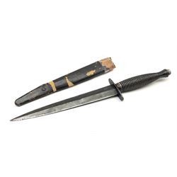 Post WW2 Fairbairn Sykes style black commando knife, no makers name but the handle marked with 'crossed keys *A' L30cm, in part scabbard