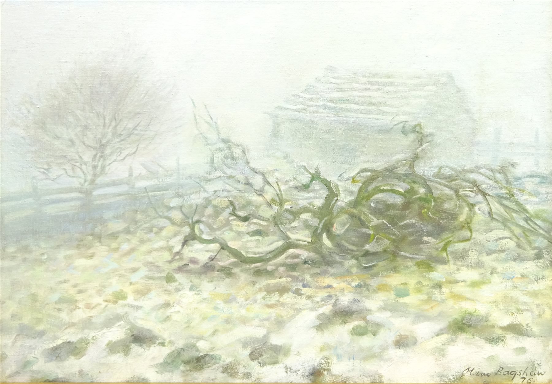Olive Bagshaw (Northern British fl.19651978) Misty Winter Landscape Lancashire, oil on canvas