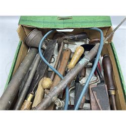Collection of 20th century tools, to include brass blow torch, files and rasps, planes, oil cans, etc  