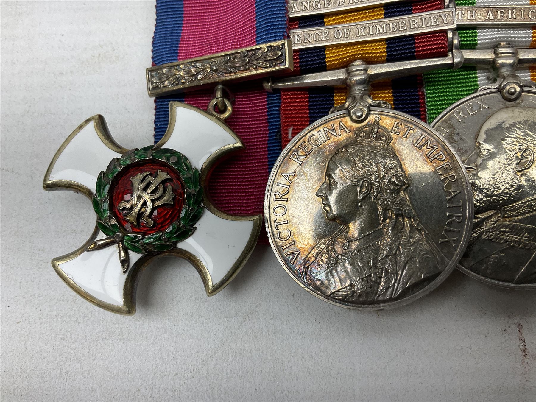 South Africa/WW1 Distinguished Service Order group of seven medals comprising D.S,O. with original ribbon bar and top bar slider, Queens South Africa Medal with three clasps for Defence of Kimberley, Orange Free State and Transvaal, Kings South Africa Medal with two clasps for South Africa 1901 & 1902 awarded to Capt. C.J. O'Gorman D.S.O. R.A.M.C., 1914-15 Star, British War Medal and Victory Medal with MID oak leaves awarded to Major (later Lt. Col.) C.J. O'Gorman D.S.O. R.A.M.C. and Kimberley Star 1899-1900; together with copies of research and biographical material