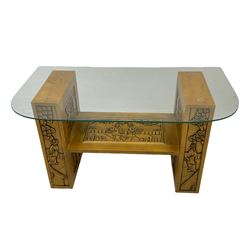 Chinese style tall Hi-Fi unit with four glass shelves, and matching glass topped coffee table