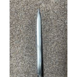 George V basket hilted broad sword with engraved blade, wire wound fish skin grip and field service scabbard, blade length 83cm