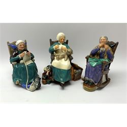 Three Royal Doulton figures, comprising Twilight HN2256, A Stitch in Time HN2352, and Nanny HN2221. 