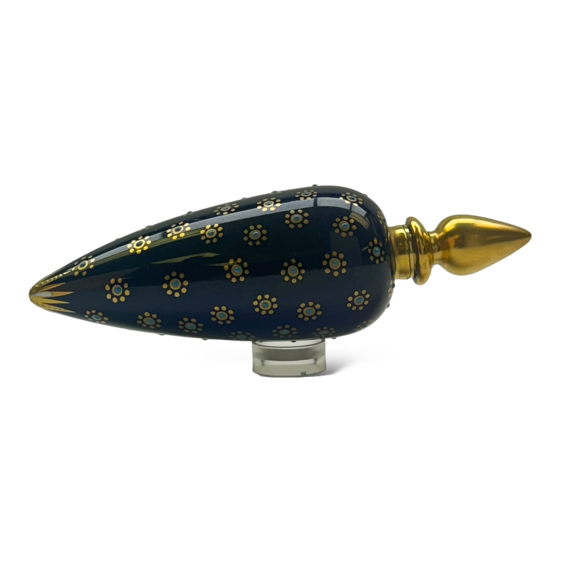 19th century english scent bottle of teardrop form, hand painted with a central panel depicting an exotic bird, with a cobalt blue ground, H12cm 