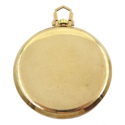 9ct gold open face keyless lever pocket watch by Tissot, silvered / cream dial with Arabic numerals and subsidiary seconds dial, case by Dennison, Birmingham 1958, cased