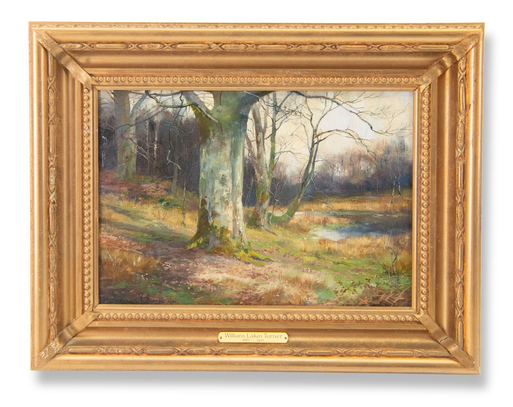 William Lakin Turner (British 1867-1936): 'A Bend in the River Leven - Cumbria', oil on canvas signed and dated 1901, titled on gallery label verso 23cm x 34cm 
Provenance: with Ashleigh House Fine Art & Antiques, Saffron Walden, label verso