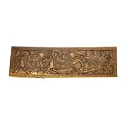 Timber panel carved with battle scene
