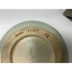 Quantity of studio pottery to include square section vase decorated with blossoming branches, other studio pottery to include jugs, bowls, vases etc, with various marks, duck egg b,J.E. bowl stamped Buchan, continental pottery, other stoneware pottery to include glazed jar with lid etc